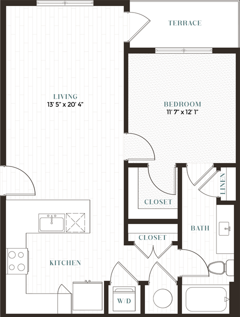 Floor plan for 1 bed, 1 bath, 759 sqft